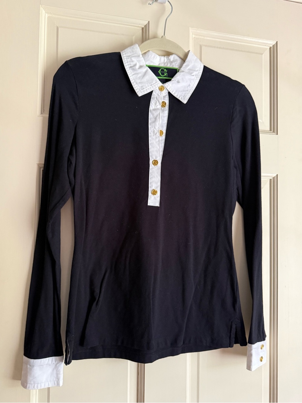 C. Wonder Black Long-Sleeve Polo Shirt with White Collar & Cuffs